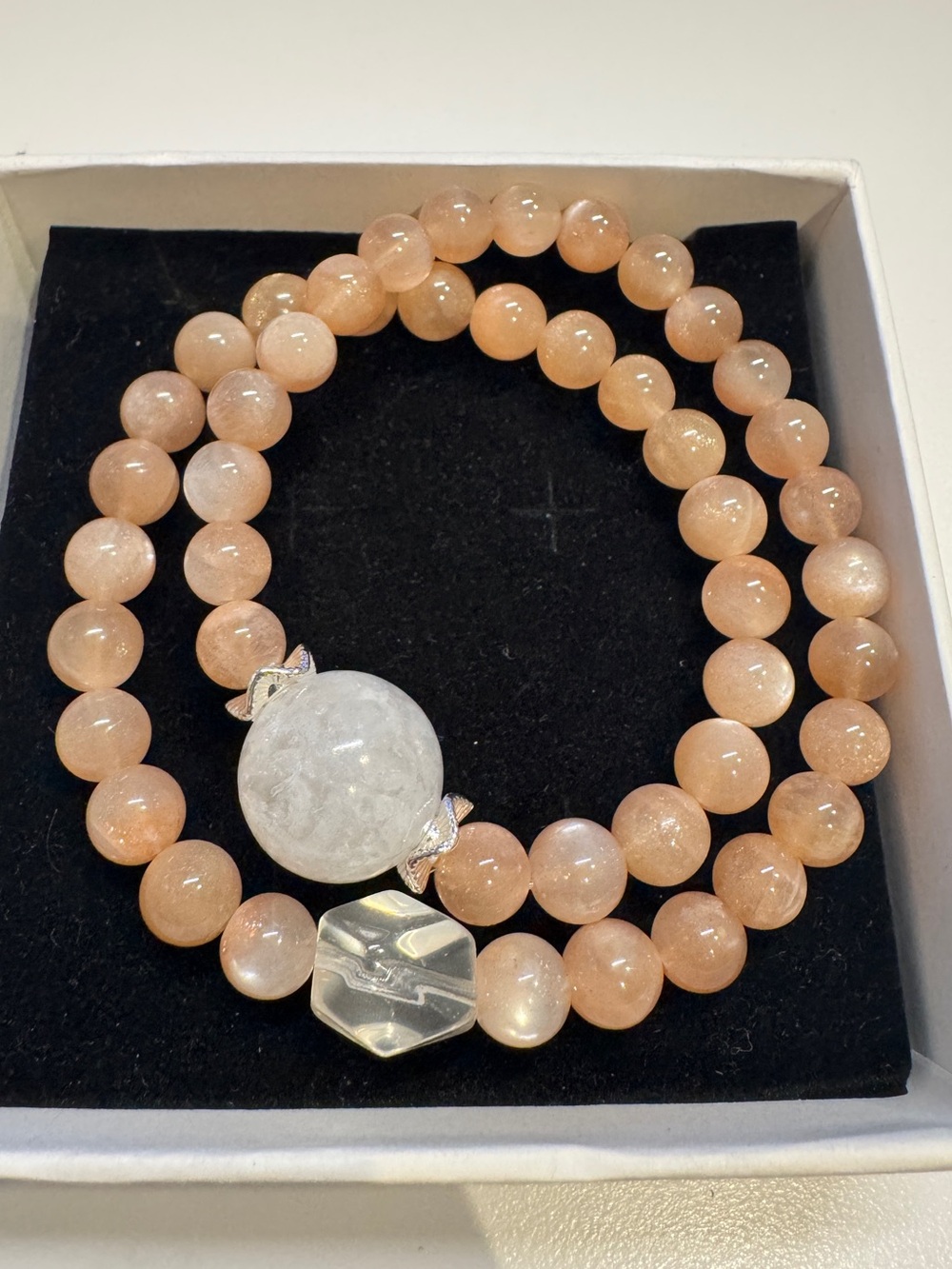 Peach Moonstone Beaded Bracelet with Clear Accent